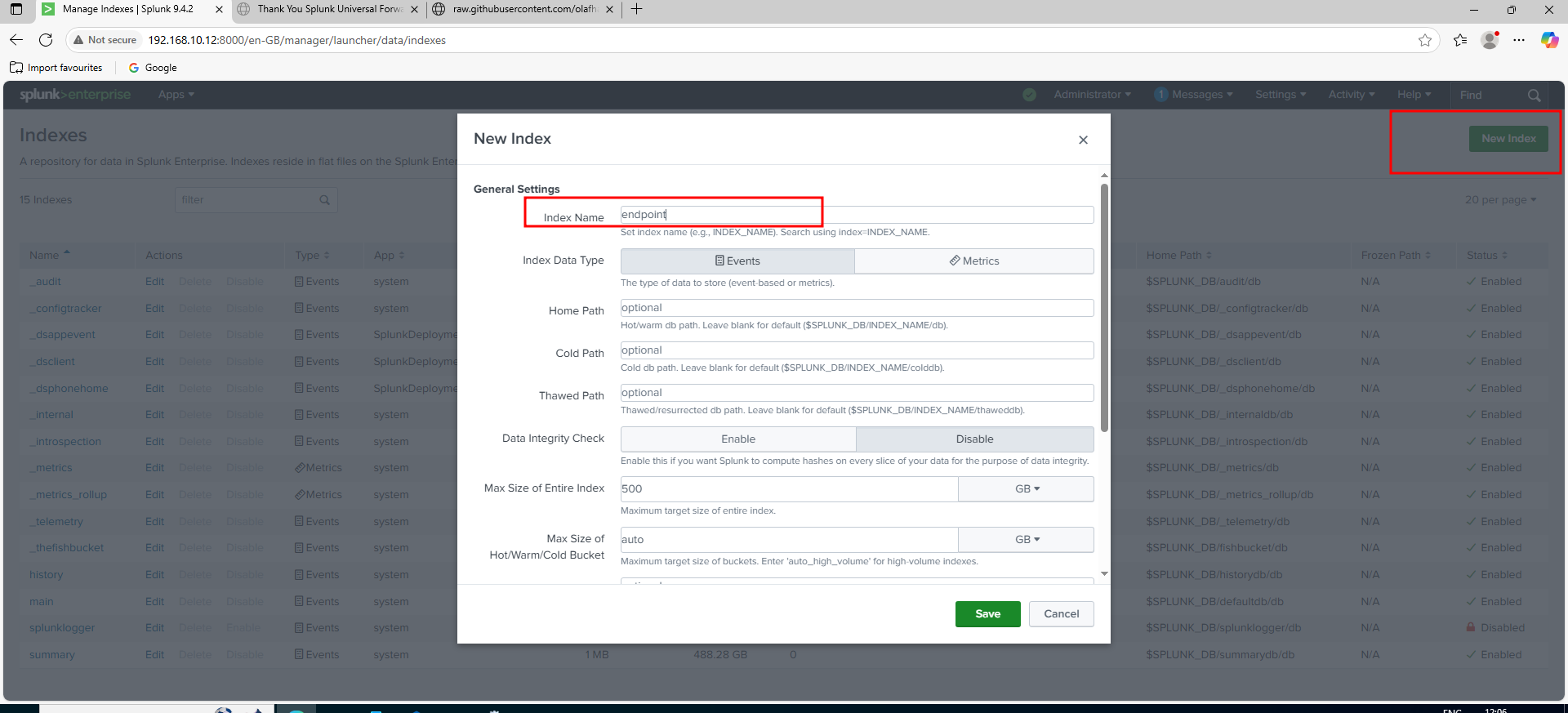 Splunk Endpoint Index Creation Screenshot